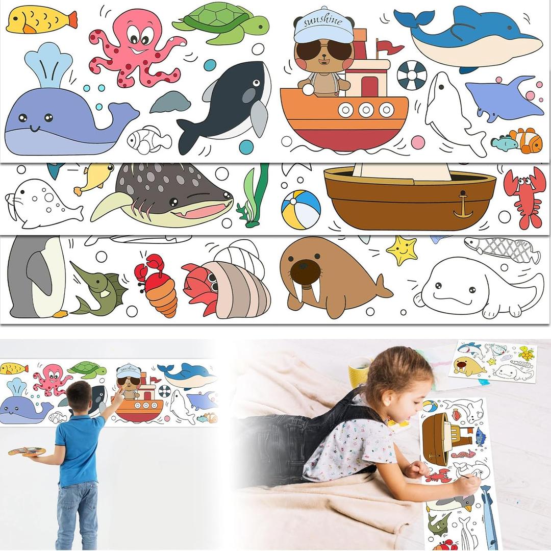 Children's Drawing Roll, Coloring Paper Roll for Kids, DIY Painting Drawing Paper Roll, Sticky Coloring Drawing Roll, Early Educational Toys for Kids 120 * 12 Inches (Ocean)
