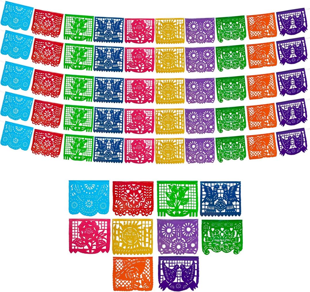Mexican Party Banners (5 Pack with 10 Plastic Flags per Banner) - Papel Picado Mexicano para Fiesta - Plastic Papel Picado - Fiesta Themed Party Decorations - Mexican Decor