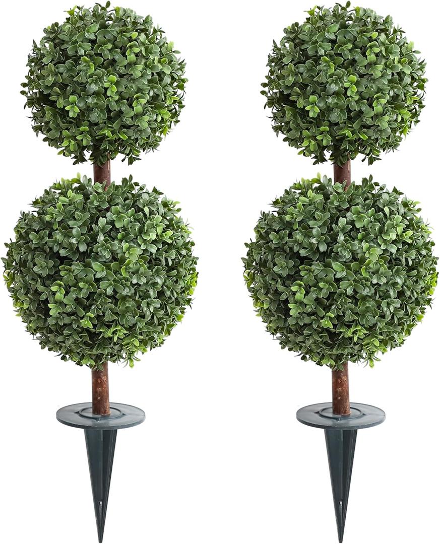 momoplant Artificial Topiary Double Ball Small Trees with Ground Spike 27 Inch Tall for Outdoor/Indoor [2 Pack] 2 Ft Faux Boxwood Plants