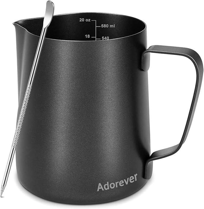 Milk Frothing Pitcher, 20oz Stainless Steel Milk Frother Cup Steaming Pitcher, Coffee Bar Cappuccino Espresso Machine Accessories Barista Tools, Metal Pitcher Milk Jug with Latte Art Pen, Matte Black