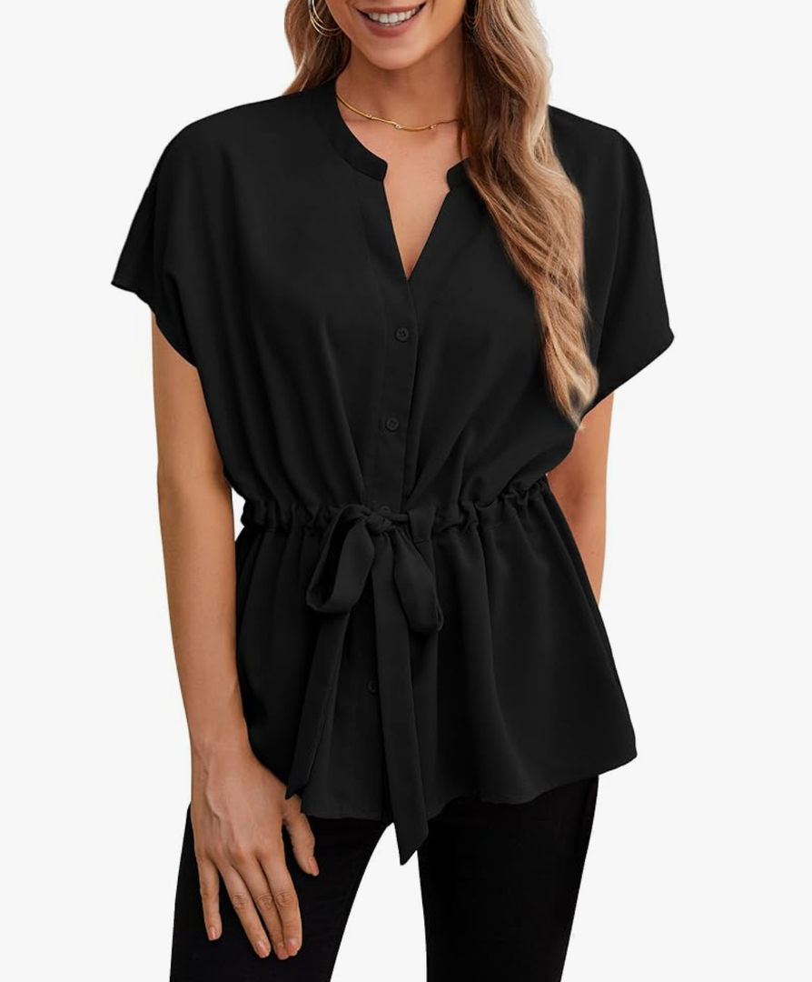 Women's Button Down Blouses Casual Peplum Summer Tops Short Sleeve Work Chiffon Shirts.L