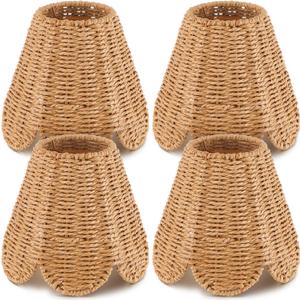 Glooglitter Small Clip-on Chandelier Rattan Lamps Set Shade Scalloped Lampshade 3"top x 6"bottom x 5-1/4"slant Height Empire Lamp Shade Chandelier or Accent Lamp(Paper Rope,Naturals,4 Pcs)