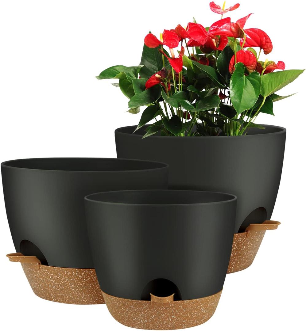 UUBEMM Self Watering Planters with Drainage Holes, Set of 3 Plastic Plant Pots with Deep Reservoir for Indoor Outdoor Garden Flowers Plants, 10+9+8 Inch (Black)