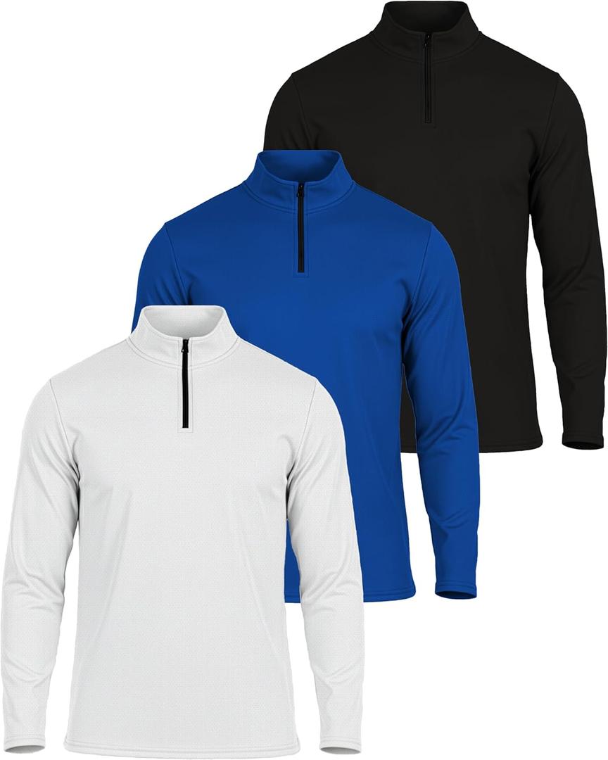 Real Essentials 3 Pack: Men's Mesh Long Sleeve Athletic Quarter Zip Pullover - Outdoor UPF 50+  (Medium, Black, Blue, White)
