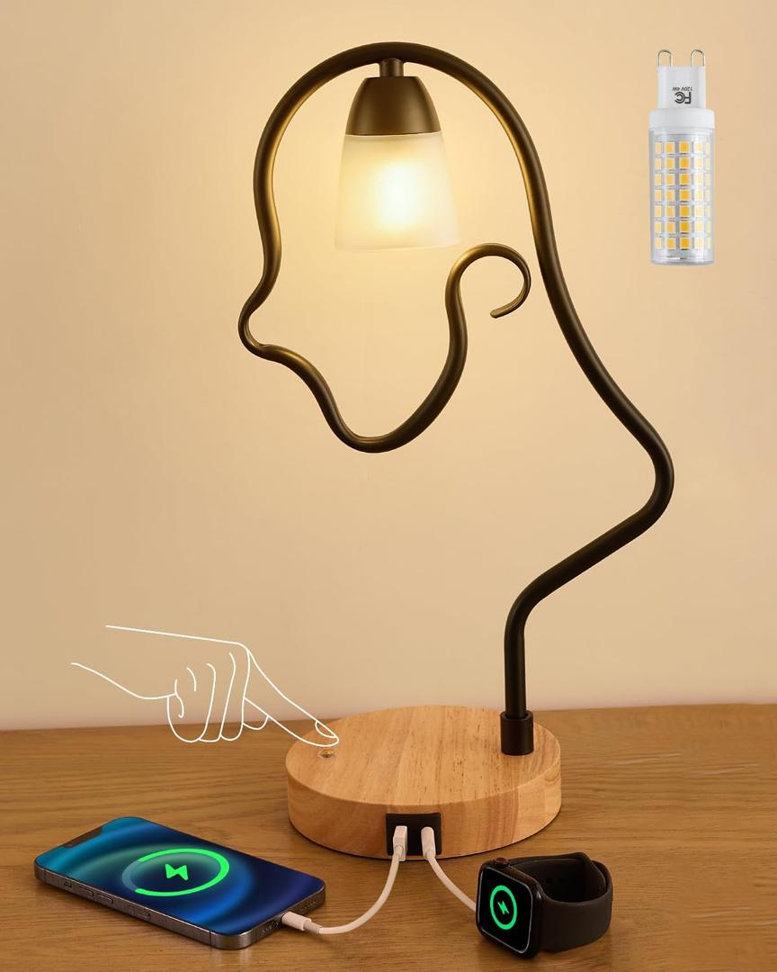 Touch Unique Table Lamp, Creative Cute LED Desk Lamp with USB C+A Ports, 3-Way Dimmable Nightstand Bedside Lamps, for Home Decor & Gifts, Reading, Living Room, Office (Bulb Included)