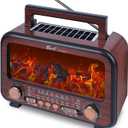 Retro Portable Radio AM FM SW Shortwave Radio with Bluetooth Speaker,Flame Atmosphere Lamp Battery Operated, SUB Charging, TF Card (Dark Brown)