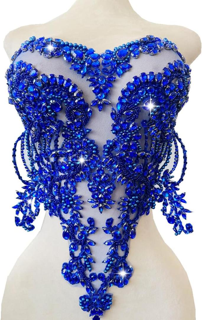 Handmade red/Blue/Gold/Green Rhinestones lace Bodice Applique Sewing Beads Crystal Trim Patches Accessory for Dress Clothes (Blue)