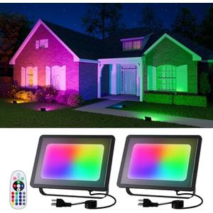 2 Pack 50W Led Flood Lights 500W Equi Color Changing with Remote Waterproof 16 Multicolor RGB Lamp Indoor or Outdoor Up Lighting for Garden Decoration, House Wall, Yard Plants, Holiday Ambiance Decor