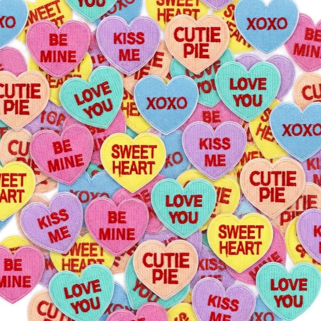 Hotop 48 Pcs Valentine's Day Iron on Heart Patches Conversation Hearts Sew on Embroidered Applique Colorful Candy Iron on Patches Repair Patch for DIY Clothes Pants Backpack Hat Gifts(Classic Color)