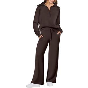 ANRABESS Womens 2 Piece Outfits Half Zip Sweatshirt & Wide Leg Pants Airport Travel Lounge Matching Sets Sweatsuits Clothing (Large, Coffee)