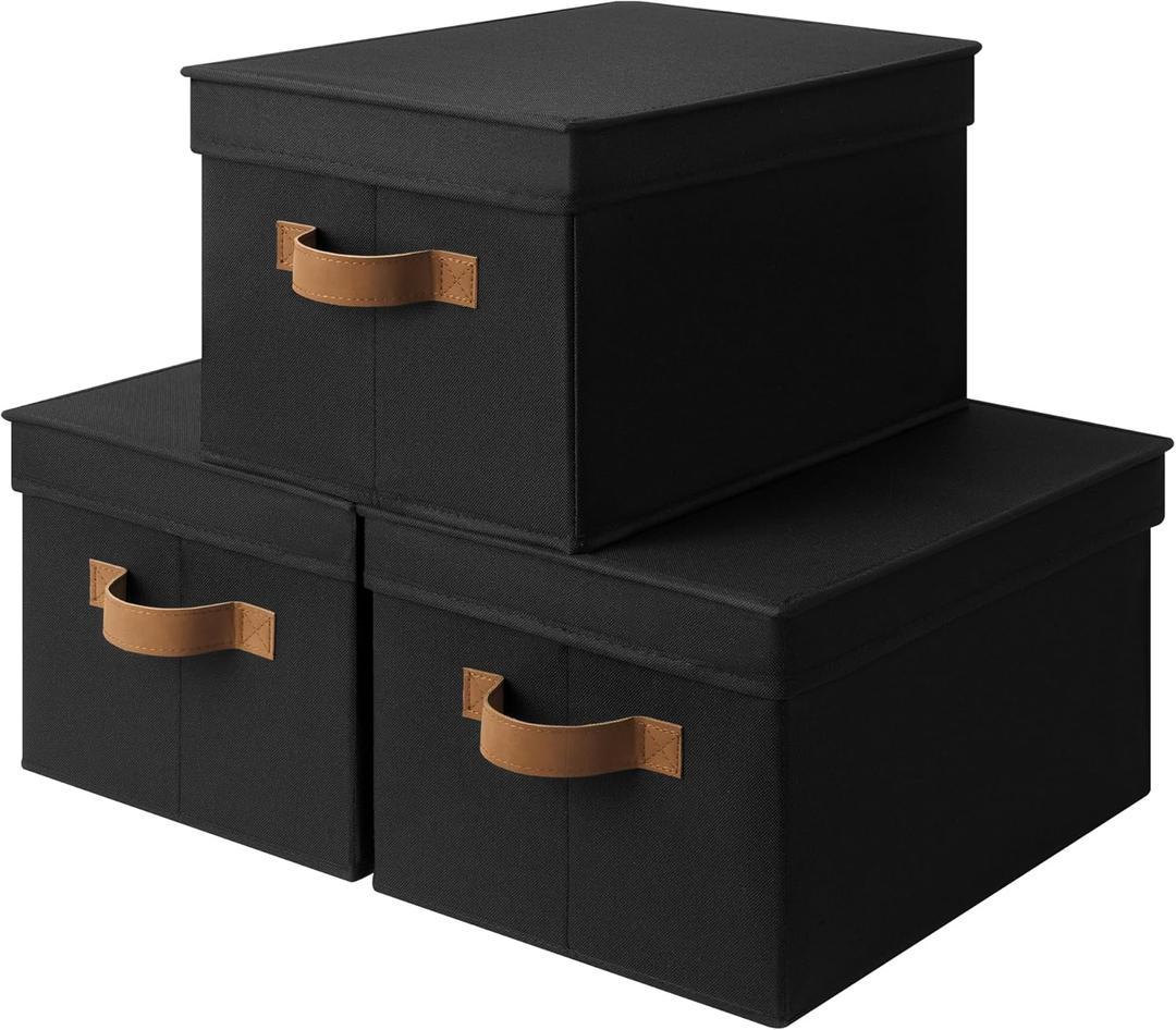 StorageWorks Large Storage Bins with Lids, Decorative Storage Boxes with Lid and PU Handles, Foldable Storage Baskets for Closet, Shelves, Stackable, Black, 3-Pack