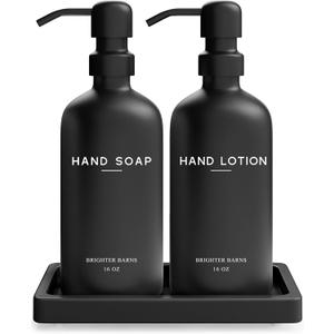 Black Glass Soap and Lotion Dispenser Set with Tray by Brighter Barns - Hand Soap Dispenser Bathroom Set & Stainless Steel Pump for Home - Modern Bathroom Accessories, Modern Decor (Black)