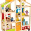 PIDOKO KIDS Skylar Wooden Dollhouse - Includes 20 Pcs Furniture Accessories, 5 Family Dolls and a Pet Dog - Wood Doll House for 3 4-5 Year Old Girls & Boys