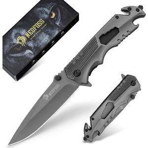 NedFoss FA48 Pocket Knife for Men with Bottle Opener, Glass Breaker, Seatbelt Cutter and Wrench, 5-in-1 Multitool Folding/Survival Knife for Emergency Rescue Situations, Home Improvements (Gray-Liner Lock)