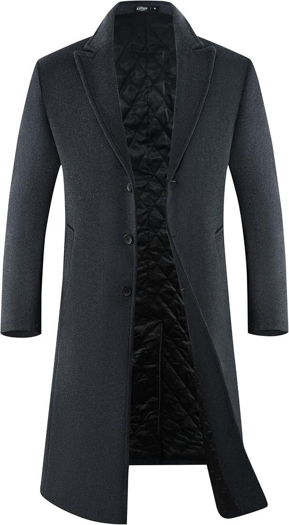 APTRO Men's Full Length Trench Coat Wool Overcoat Solid Dark Grey 2XL | Premium Wool Fabric, Windbreaker, Warm Winter Long Pea Coat for Business and Casual, Single Breasted, Notched Lapel Collar