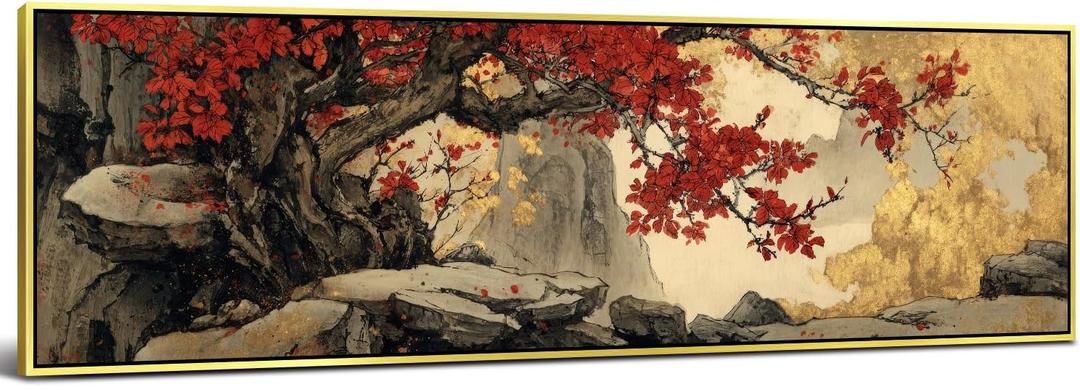 Large Oriental Asian Wall Art Chinese Painting Wall Decor for Living Room Abstract Red Plum Blossom Landscape Picture Prints Watercolor Mountain Poster Canvas Artwork Home Office Decorations 14x48”