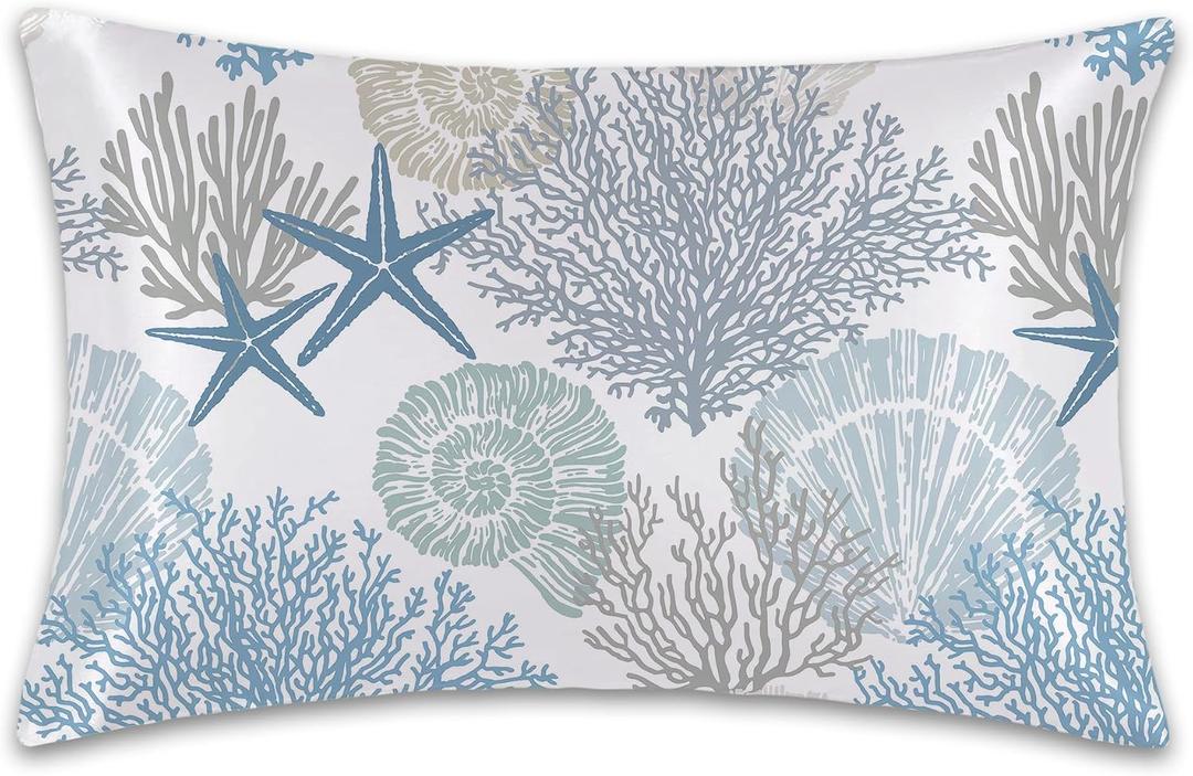 Satin Pillowcase 1 Pack- Starfish Seashell Coral Nautical Blue Silky Pillow Cover for Hair and Skin,Queen Size 20x30 Inch Soft Cooling Printed Pillow Cases with Hidden Zipper,Gifts for Women Men