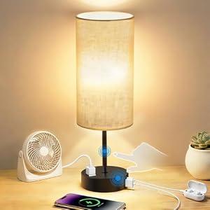 Fitfull Table Lamp for Nightstand, High-Sensitivity Touch, 3-Level Dimmable Bedside Lamp with AC Outlet | USB | and USB-C, Ideal Night Stand Lamp for Bedroom, Reading, Living Room (Beige&Black)