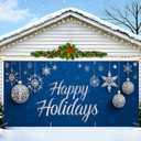 Christmas Garage Door Banner 7x16 ft  Happy Holidays with Snowflakes and Ornaments  Festive Outdoor Decoration for Garage, Yard, and Front Door  Waterproof, Easy to Hang (70)