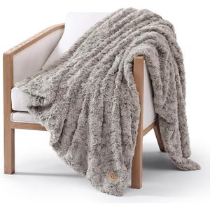 UGG Adalee Faux Fur Throw Blanket Luxury Lightweight Cozy Soft Throw for Couch Bed or Chair Hypoallergenic Machine Washable Double-Sided Fluffy Blanket Home Decor, 50-Inch x 70-Inch, Seal Grey