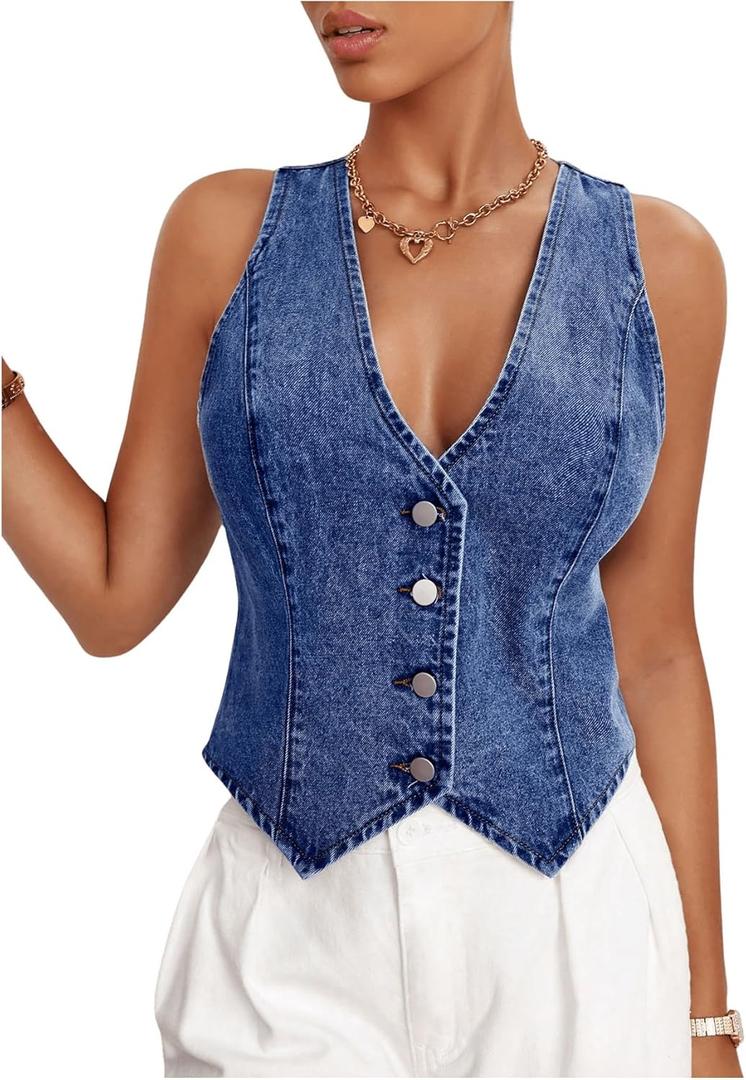MakeMeChic Women's Jean Vest Top Y2k V Neck Sleeveless Denim Top Single Breasted Crop Jacket Cowboy Chic (Large)