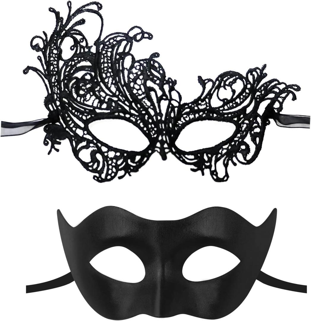 IncreDecor Masquerade Mask for Couples Women Men Venetian Lace Mask Set, Specially for Halloween Costume, Mardi Gras (Angel), Timeless Black