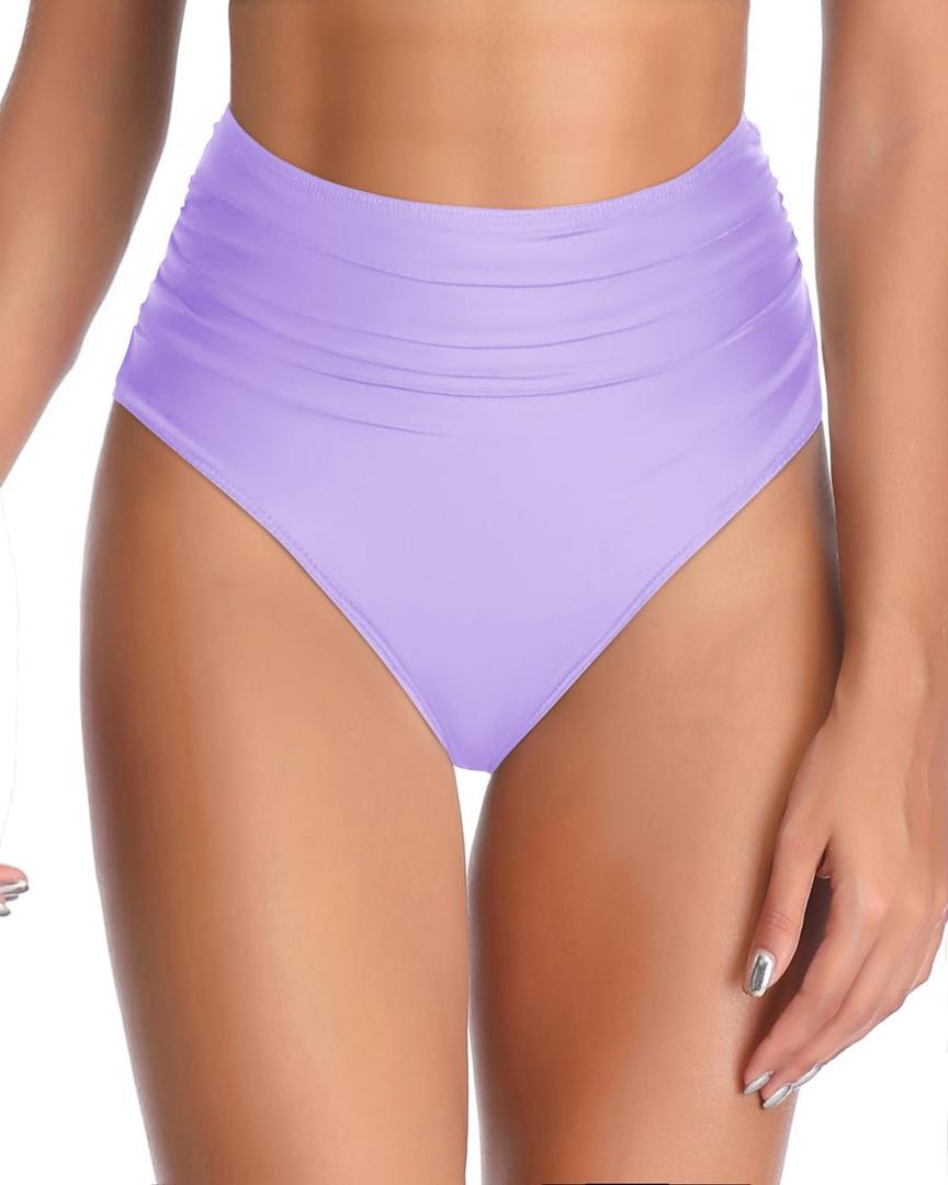Tempt Me Women High Waisted Bikini Bottom Full Coverage Swimsuit Bottom (Large, Purple)