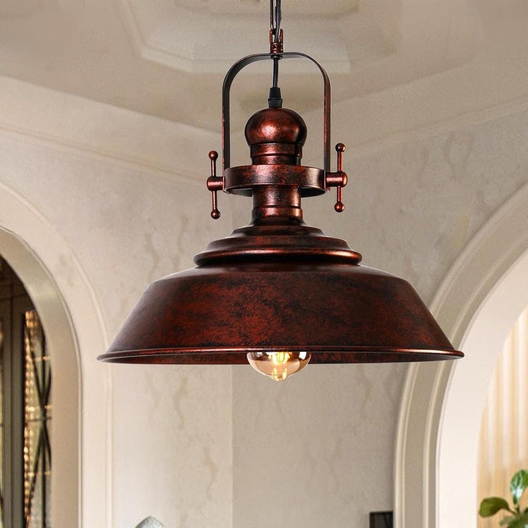 14" Copper Pendant Light, Farmhouse Industrial Vintage Hanging Light Fixture for Kitchen Island, Dining Room, Barn, Bar, Antique Red Bronze Finish