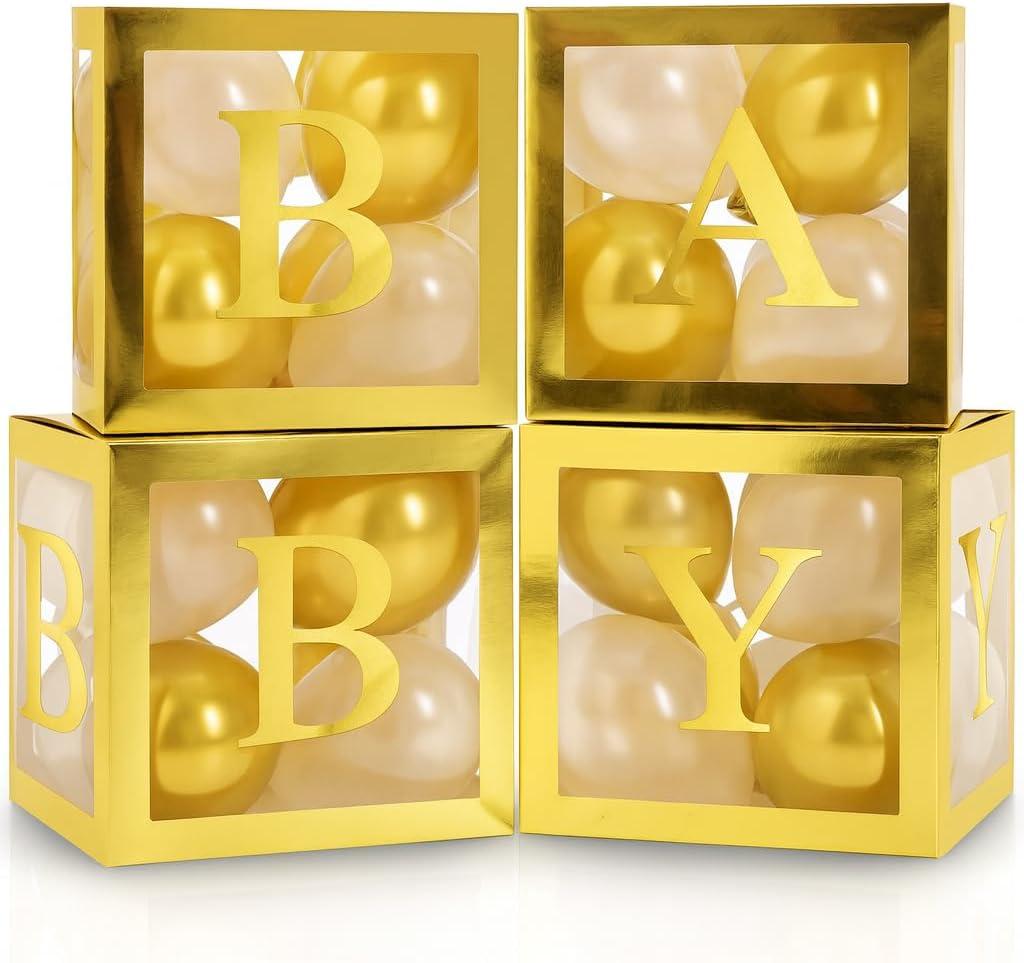 Baby Shower Boxes with Letters  Gold Boxes with Gold & White Balloons  44-Piece Gender Reveal & Party Decoration Set by Vellax