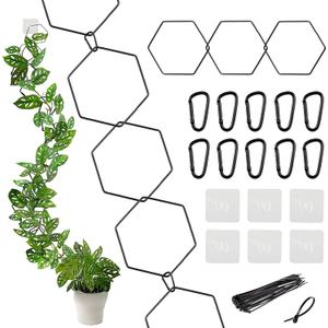 15 Ft Chain Trellis for Climbing Plants Indoor, 36 Packs Hexagon DIY Wall Trellis, Pothos Plant Climber Support, DIY Lengths Plant Support Stakes with Connect-Hooks, Ties, Hooks, Black