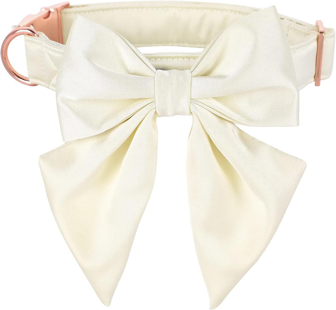 Lionet Paws Bowtie Dog Collar - Comfortable Silk Dog Collar with Detachable Bow Tie for Small Dogs, Neck 10-16 Inches (Off white)