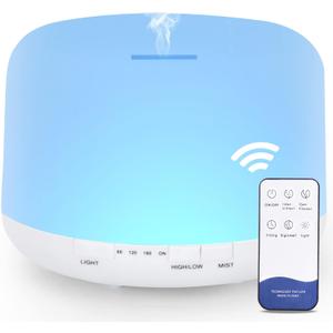500ML Essential Oil Diffuser with Remote Control, BPA Free Ultrasonic Aromatherapy Diffuser,Cool Mist Humidifier with 7-Color Lights - Waterless Auto Shut Off, White