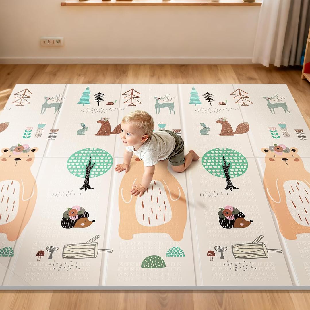 UANLAUO Baby Play Mat,79"x 71" Large Mat for Floor,Reversible Floor Mat,Foam Thick&Waterproof,Foldable Playmats for Babies and Toddlers,Anti-Slip for Baby Crawling,Non-Toxic Tummy Time(Bear)