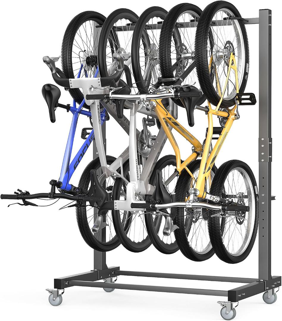 Freestanding Bike Rack with Wheels, Vertical Bike Storage Stand | Garage Bicycle Organizer Holds Up to 5 Bikes, Heavy-Duty Steel Bike Rack