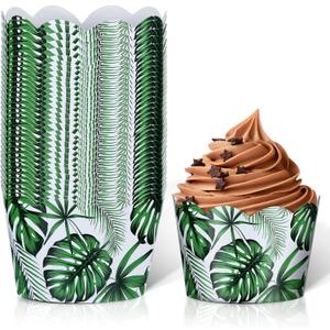 Cunhill 36 Pack Tropical Cupcake Liners Safari Cupcake Wrappers Green Palm Leaves Wrappers Reversible Jungle Paper Baking Cups Tiki Luau Parties Muffin Tropical Cups for Luau Party Decor