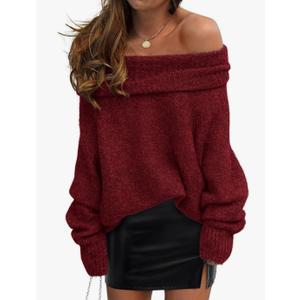 PRETTYGARDEN Women's Off The Shoulder Sweater Long Sleeve Tops 2026 Fall Loose Knit Pullover Sweaters Winter Clothes, Red, L