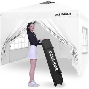 OASISHOME Pop-up Gazebo Instant Portable Canopy Tent 10'x10', with 4 Sidewalls, Windows, Wheeled Bag, for Patio/Outdoor/Wedding Parties and Events (10FTx10FT, White)