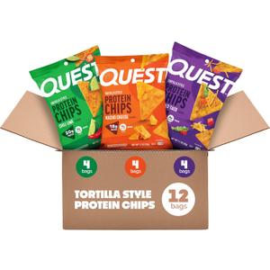 Quest Nutrition Tortilla Style Protein Chips Variety Pack, Chili Lime, Nacho Cheese, Loaded Taco, Low Carb, High Protein, Gluten Free, 1.1 oz (Pack of 12) (EXP 09/06/26)