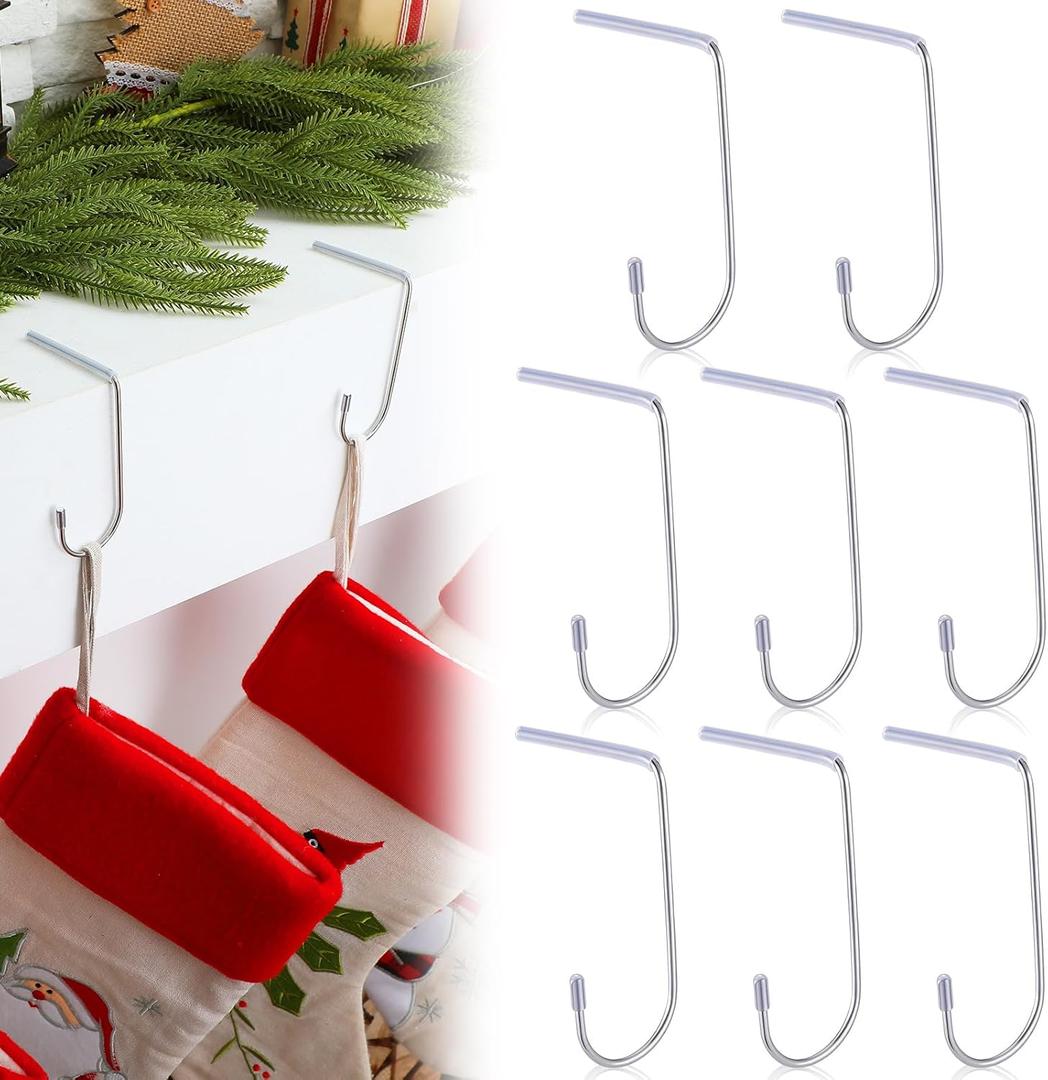 Shimeyao 8 Pcs Christmas Stocking Hooks for Mantel Silver Metal Stocking Hanger Holder Non-Slip for Flat Front Mantel Fireplace Home Xmas Party Decor