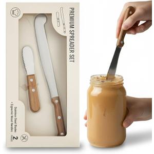 Performore 2PCS Spreader Knives, 12” Peanut Butter Knife that Works Great with Jars and 5” Short Spreading Knife, Stainless Steel Spatulas with Wooden Handle Spreader Set