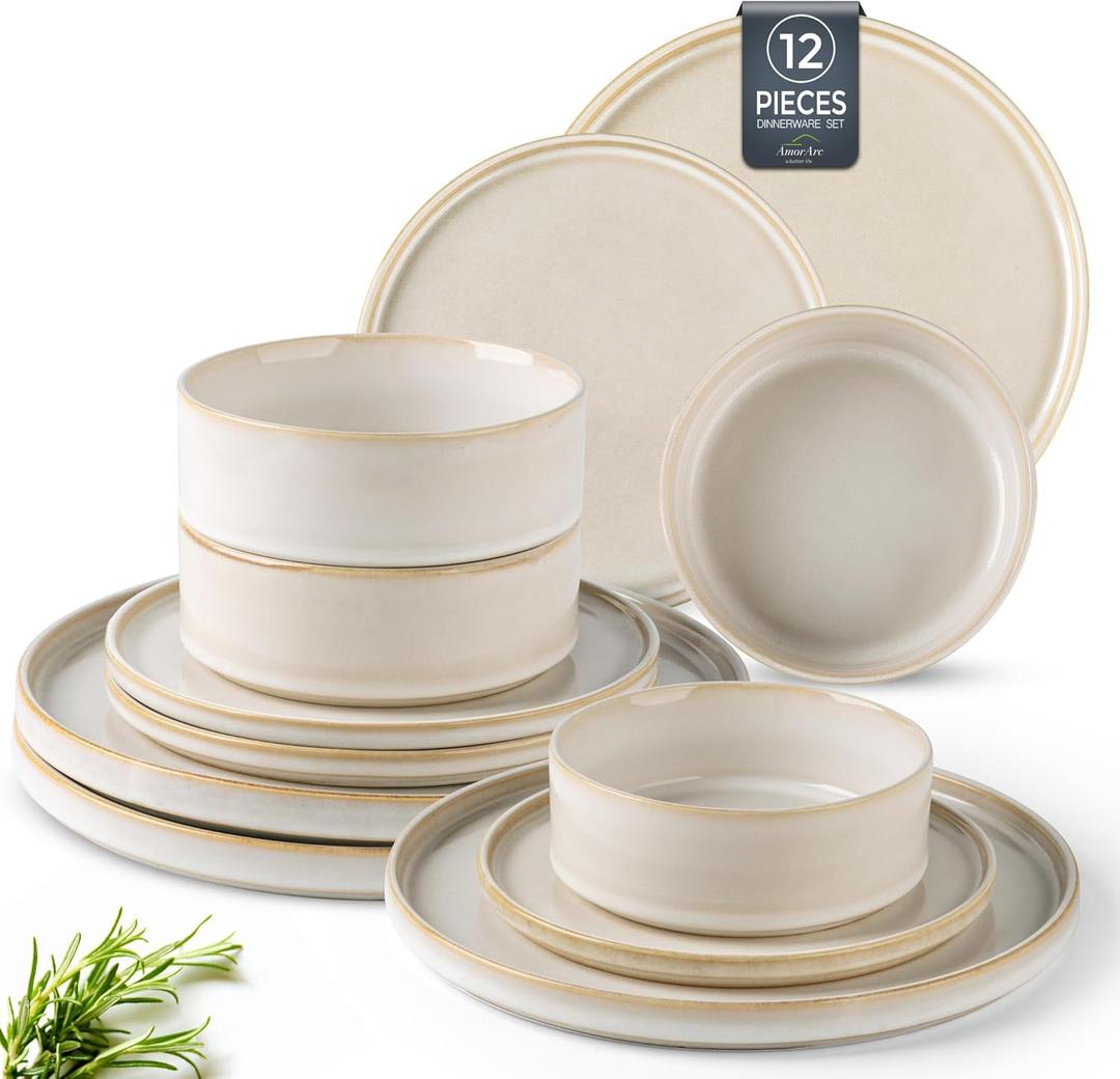 AmorArc Ceramic Dinnerware Sets, Handmade Reactive Glaze Stoneware Plates and Bowls Sets,Highly Chip and Crack Resistant | Dishwasher & Microwave Safe Dishes Set, Service for 4 (12pc) (Vanilla White)