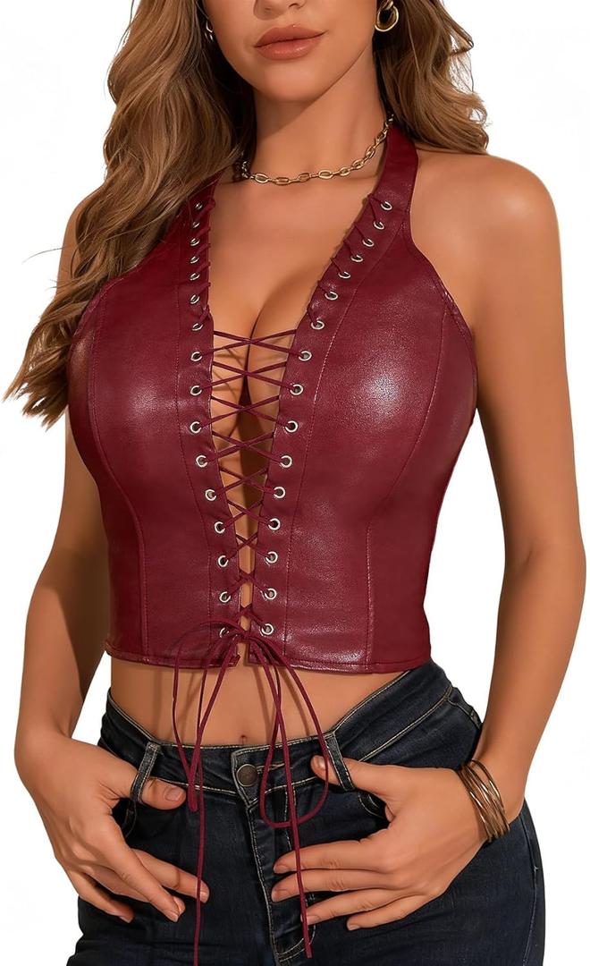 Women's PU Leather Halter Top Lace Up Front Crop Tank Tops Sleeveless Backless Sexy Corset Camisole Party Clubwear (Wine Red, XS)