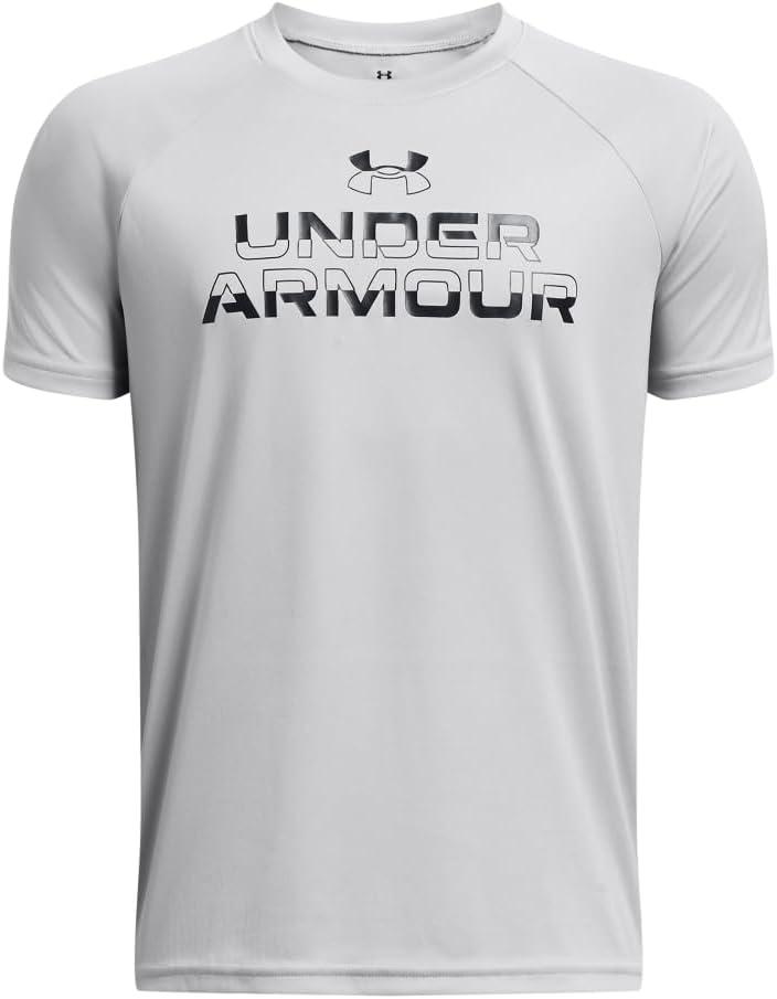Under Armour Boys' Tech Split Wordmark Short Sleeve T Shirt (Small, (011) Mod Gray / / Black)