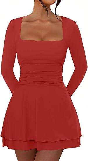 Women's Long Sleeve Mini Dress Square Neck Ruffle Hem Ruched Waist Short Party Dresses (Red,Medium)