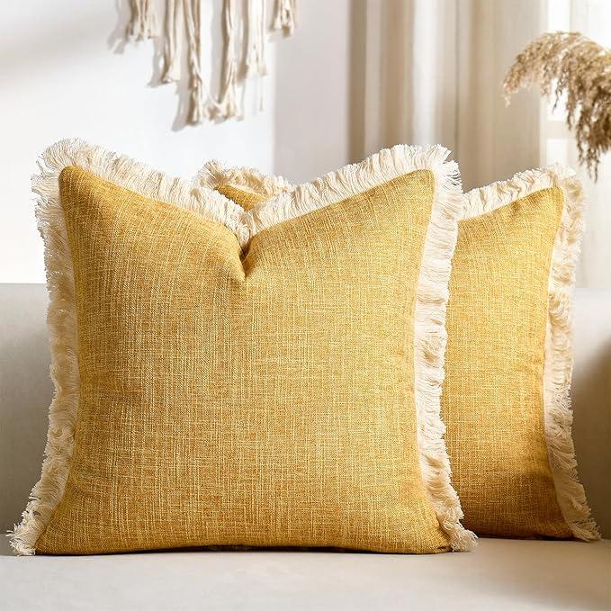 Mustard Yellow Faux Linen Decorative Throw Pillow Covers 18x18 Inch Set of 2 Boho Farmhouse Pillowcases with Tassels Rustic Woven Textured Burlap Cushion Cases for Sofa Bed Living Room Home Decor