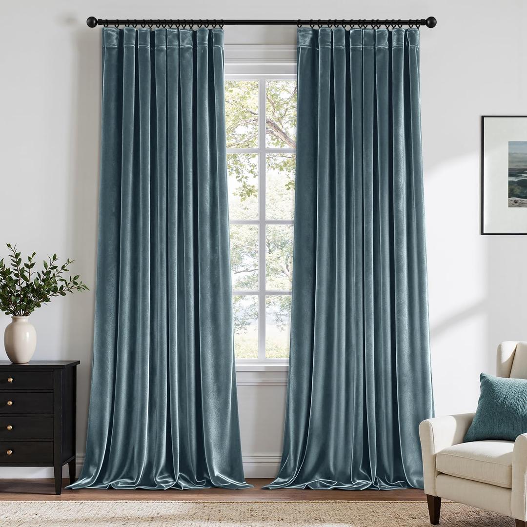 Grayish Blue Velvet Curtains 84 Inches Long Blackout Thermal Insulated Soundproof Curtain Privacy Room Darkening Curtains Pinch Pleat Window Drapes for Bedroom Living Room 42 x 84 Inch Set of 2