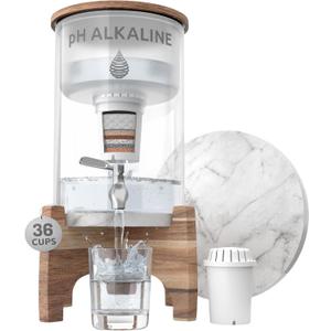 Invigorated Water pH Recharge Alkaline Water Filter Dispenser  BPA-Free Glass Countertop Water Filter Pitcher Purifier for Home & Office, 36-Cup Capacity, 360L Long Filter Life (Bamboo/Marble)