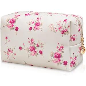 Floral Waterproof Makeup Bag, Leather Cosmetic Bag with Compartments, Zipper Make up Pouch Organizer, Portable Storage Travel Toiletry Bag Gifts for Women Girls(Rose Red Flower)