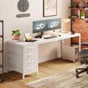 PRAISUN 63 Inch Computer Office Desk with Power Outelts and USB-C Port, Reversible Gaming Desk with 4 Fabric Drawers, Work Study Desk Work from Home, White