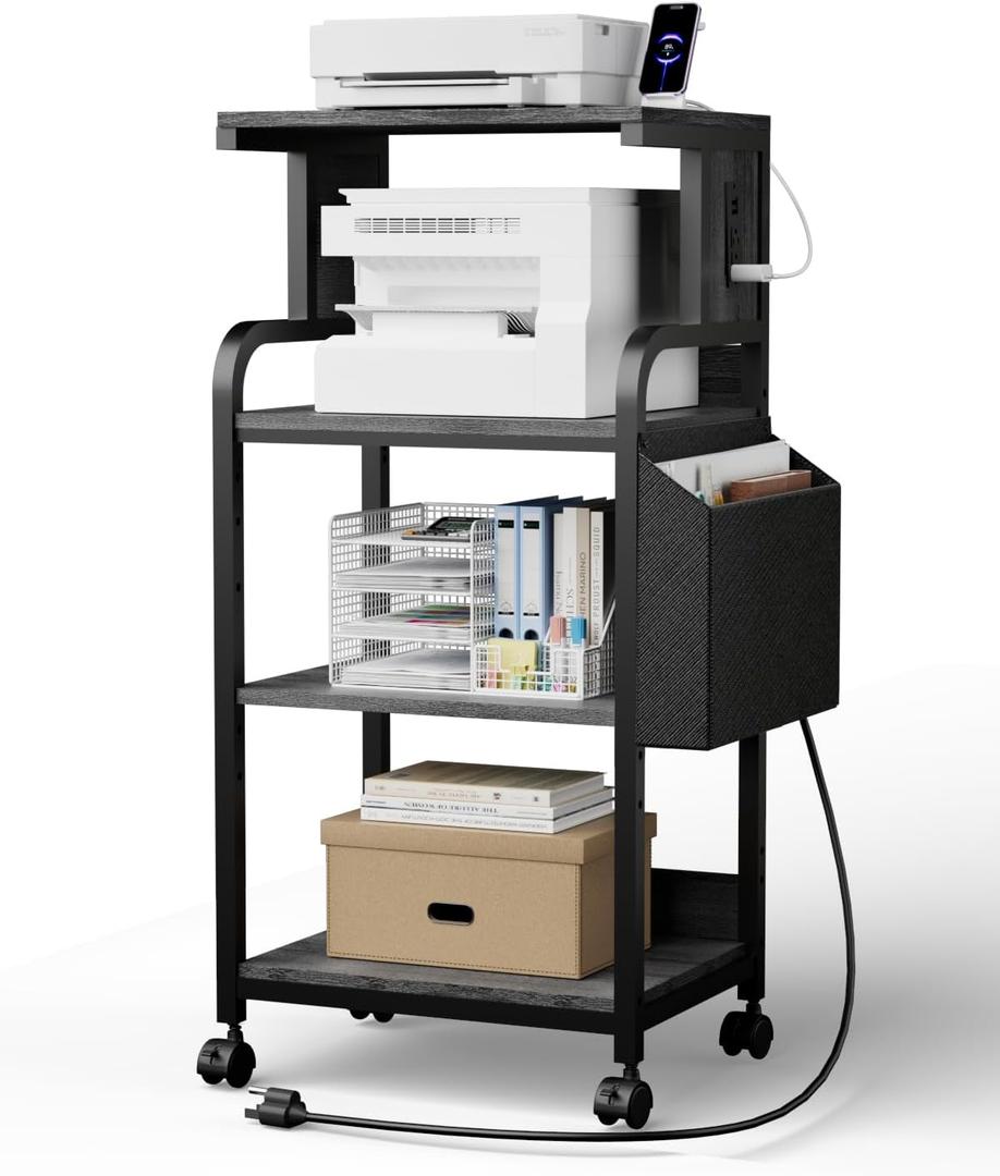 Tall Printer Stand with Storage Adjustable Shelf and Bag, 4-Tier Large Printer Table with Charging Station for Home Office, Printers Cart with Wheels for 3D Shredder Scanner Fax (Grey)